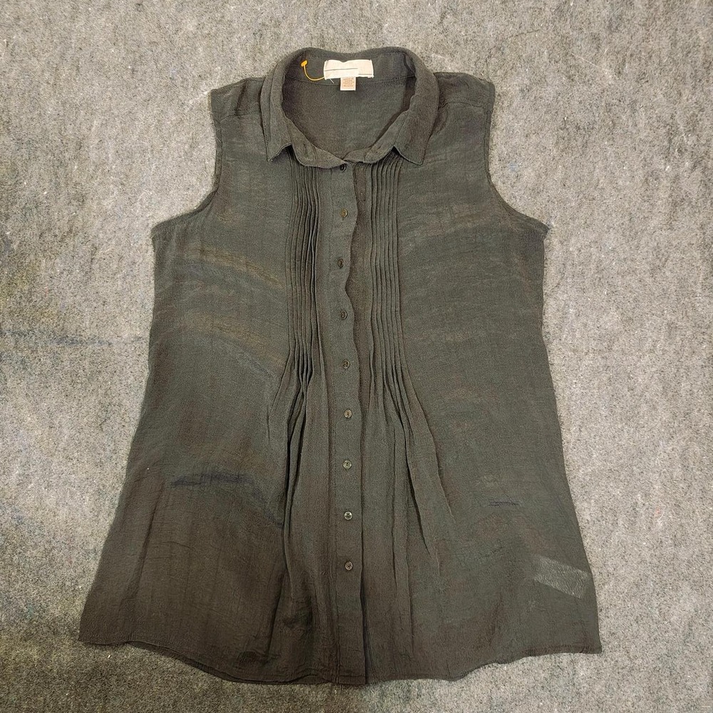 Cristina B Womens Small Dark Olive Green Pintuck Sleeveless Button Front Blouse